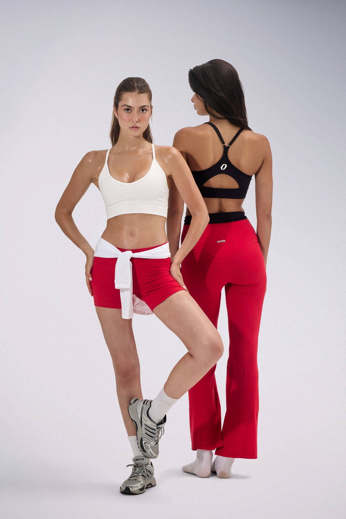 Get this Look — Onda sports bras with red shorts and flare pants